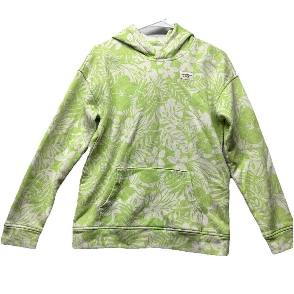 Girls Abercrombie Hoodie Size 15/16 Lime Green Tropical Floral Sweatshirt